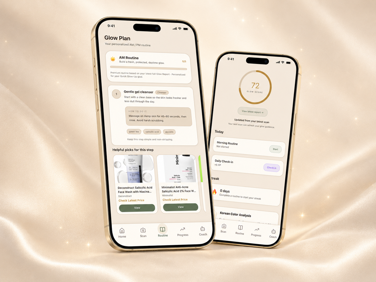 GlowMax AI glow plan and routine screens