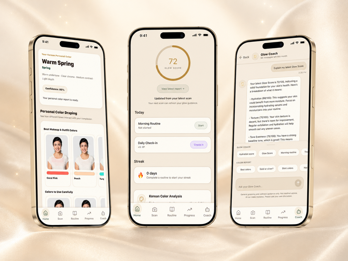 GlowMax AI app screens showing Glow Score, Korean Color Analysis, and AI Glow Coach